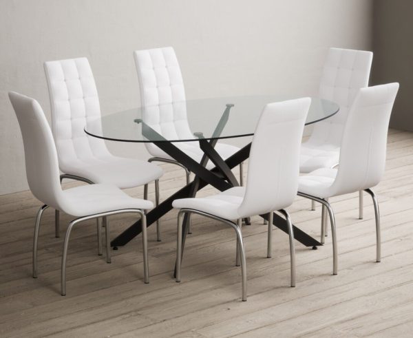 Bernini 165cm Black Leg Oval Glass Dining Table with 4 Grey Enzo Chairs | Bed Sava