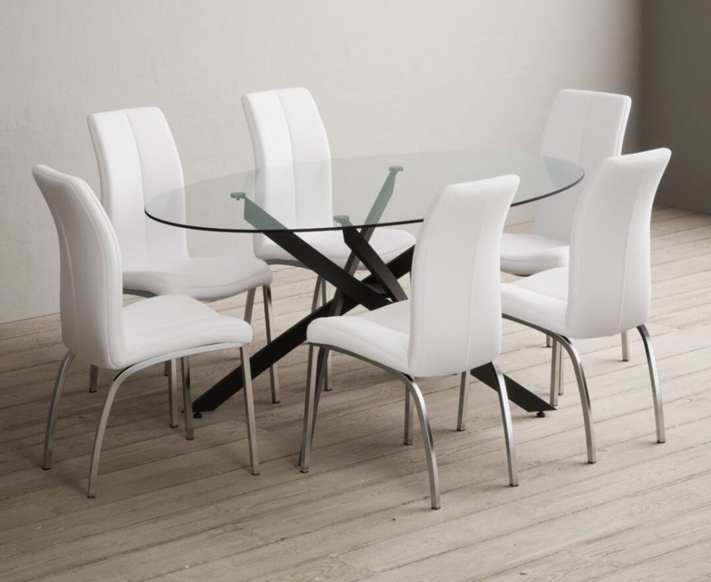Bernini 165cm Black Leg Oval Glass Dining Table with 6 Grey Marco Chairs