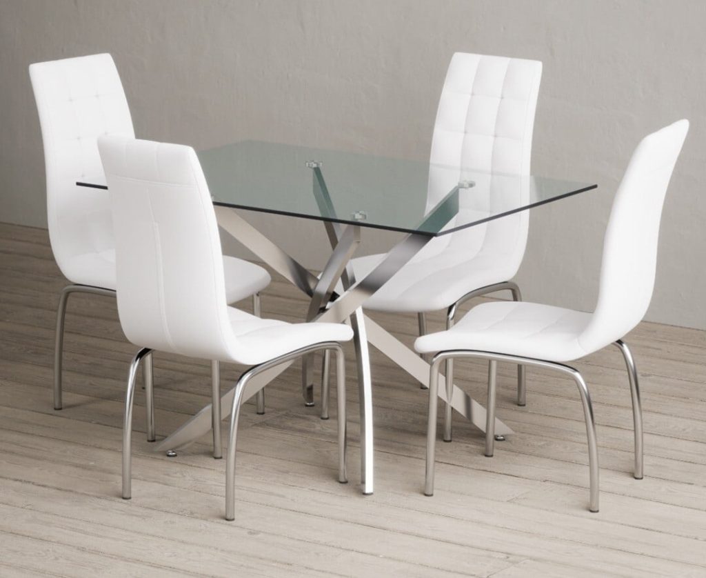 Bernini 120cm Rectangular Glass Dining Table with 4 Grey Enzo Chairs