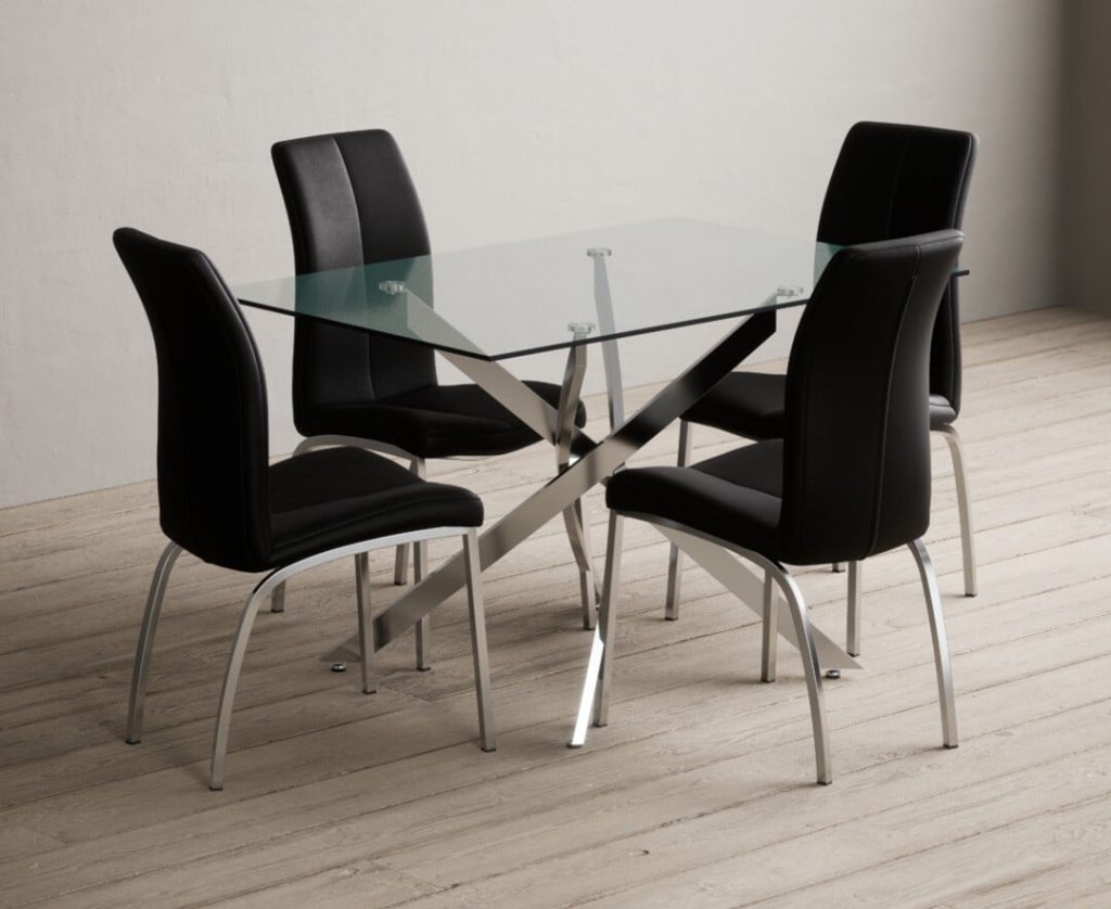 Bernini 120cm Rectangular Glass Dining Table with 4 Grey Marco Chairs