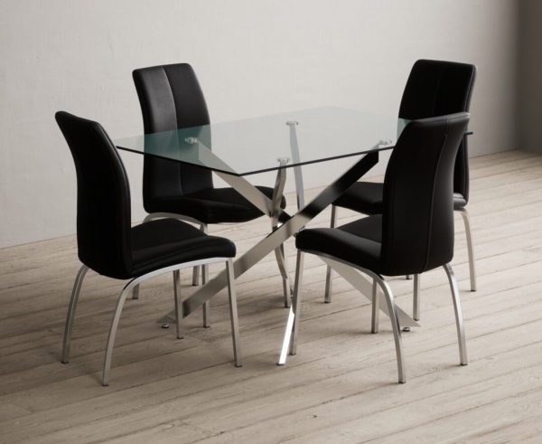 Bernini 120cm Rectangular Glass Dining Table with 6 Grey Marco Chairs | Bed Sava