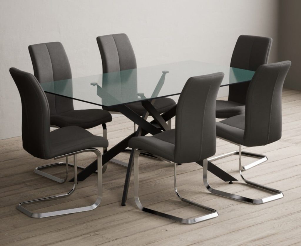 Bernini 160cm Black Leg Rectangular Glass Dining Table with 6 Grey Gianni Chairs