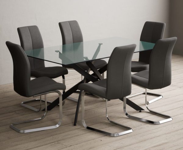 Bernini 160cm Black Leg Rectangular Glass Dining Table with 6 Grey Gianni Chairs | Bed Sava
