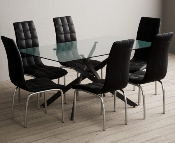 Bernini 160cm Black Leg Rectangular Glass Dining Table with 4 White Enzo Chairs | Bed Sava