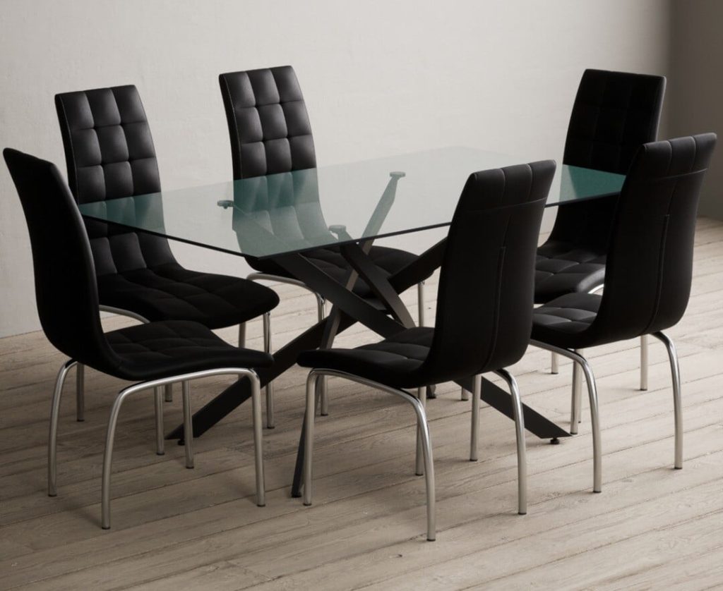 Bernini 160cm Black Leg Rectangular Glass Dining Table with 4 Grey Enzo Chairs