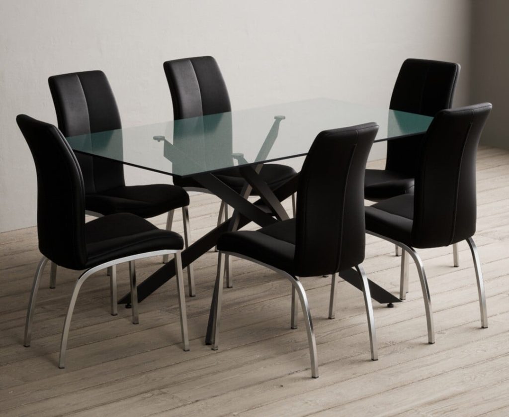 Bernini 160cm Black Leg Rectangular Glass Dining Table with 4 Black Marco Chairs