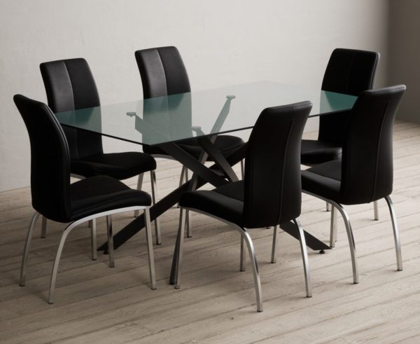 Bernini 160cm Black Leg Rectangular Glass Dining Table with 8 Grey Marco Chairs | Bed Sava