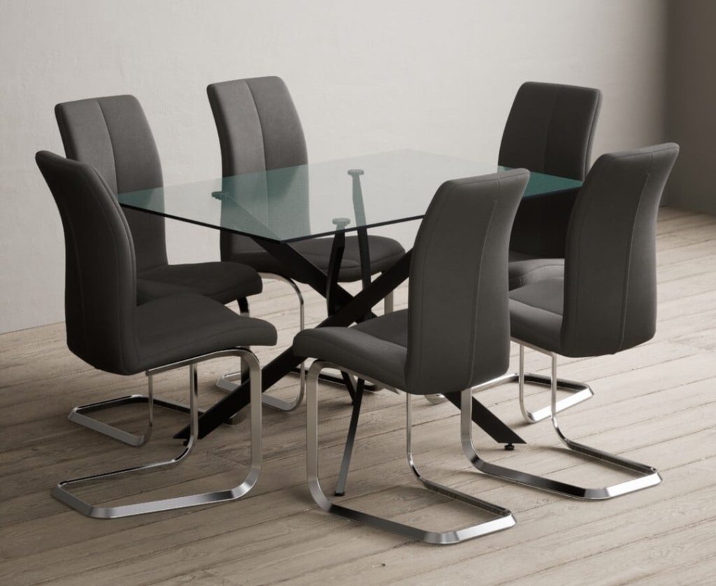 Bernini 120cm Black Leg Rectangular Glass Dining Table with 4 Grey Gianni Chairs