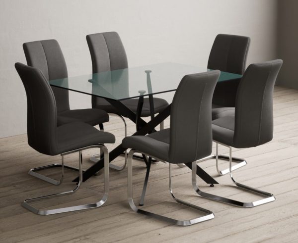 Bernini 120cm Black Leg Rectangular Glass Dining Table with 4 Grey Gianni Chairs | Bed Sava