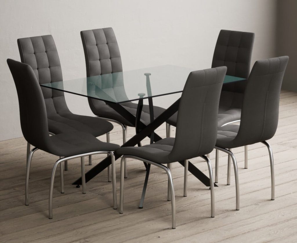 Bernini 120cm Black Leg Rectangular Glass Dining Table with 4 Grey Enzo Chairs