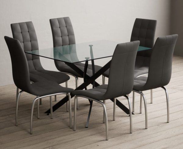 Bernini 120cm Black Leg Rectangular Glass Dining Table with 4 Grey Enzo Chairs | Bed Sava