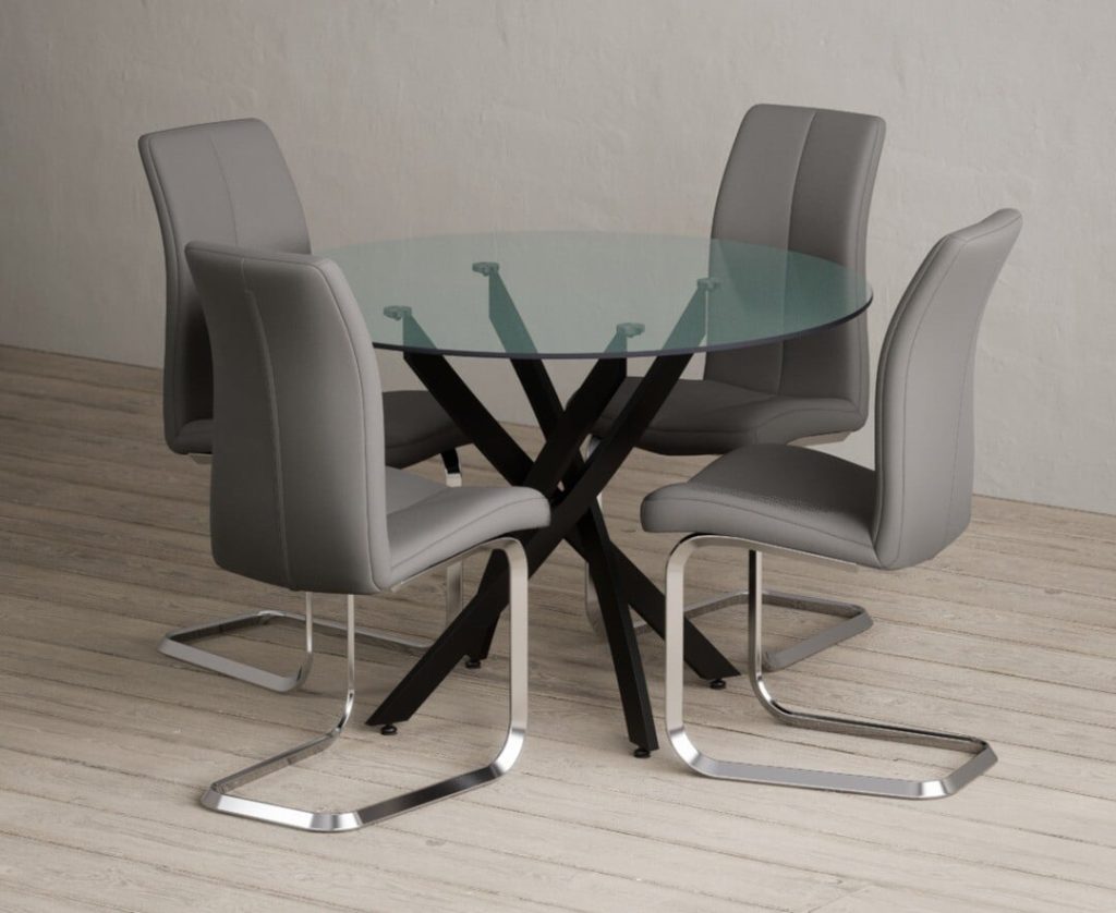 Bernini 110cm Black Leg Glass Dining Table with 4 Grey Gianni Chairs