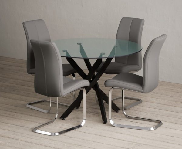 Bernini 110cm Black Leg Glass Dining Table with 4 Grey Gianni Chairs | Bed Sava