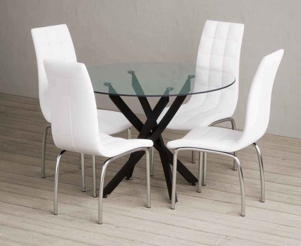 Bernini 110cm Black Leg Glass Dining Table with 4 White Enzo Chairs