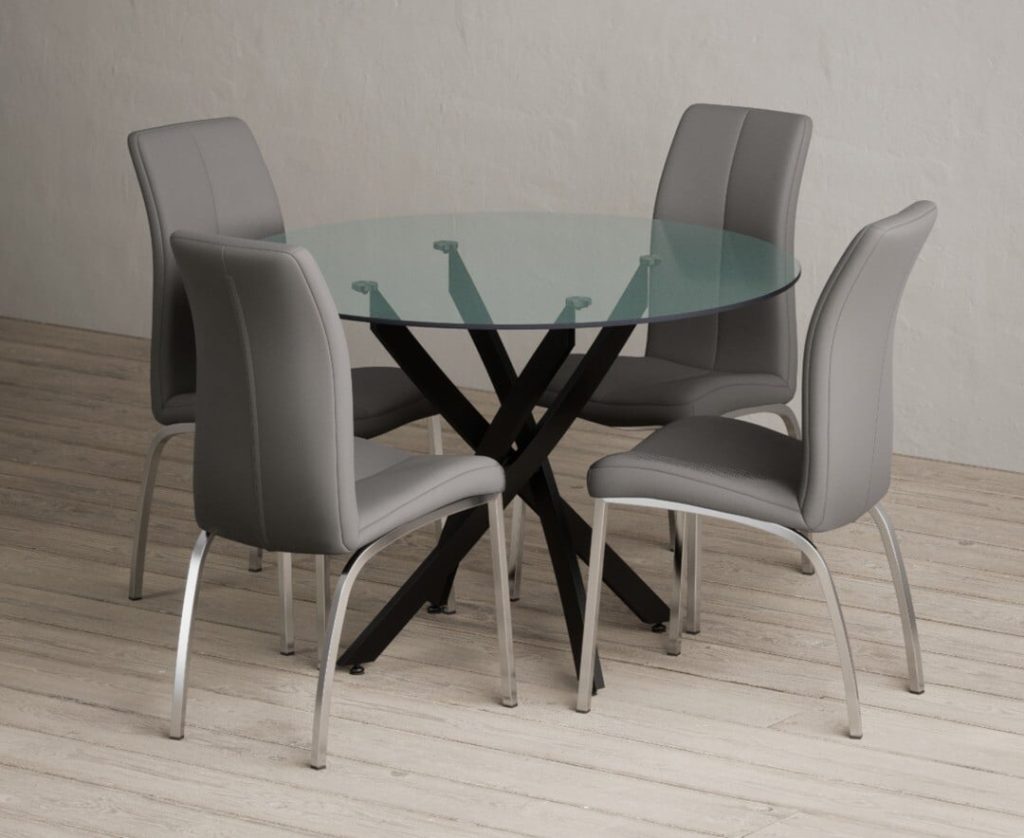 Bernini 110cm Black Leg Glass Dining Table with 4 Grey Marco Chairs
