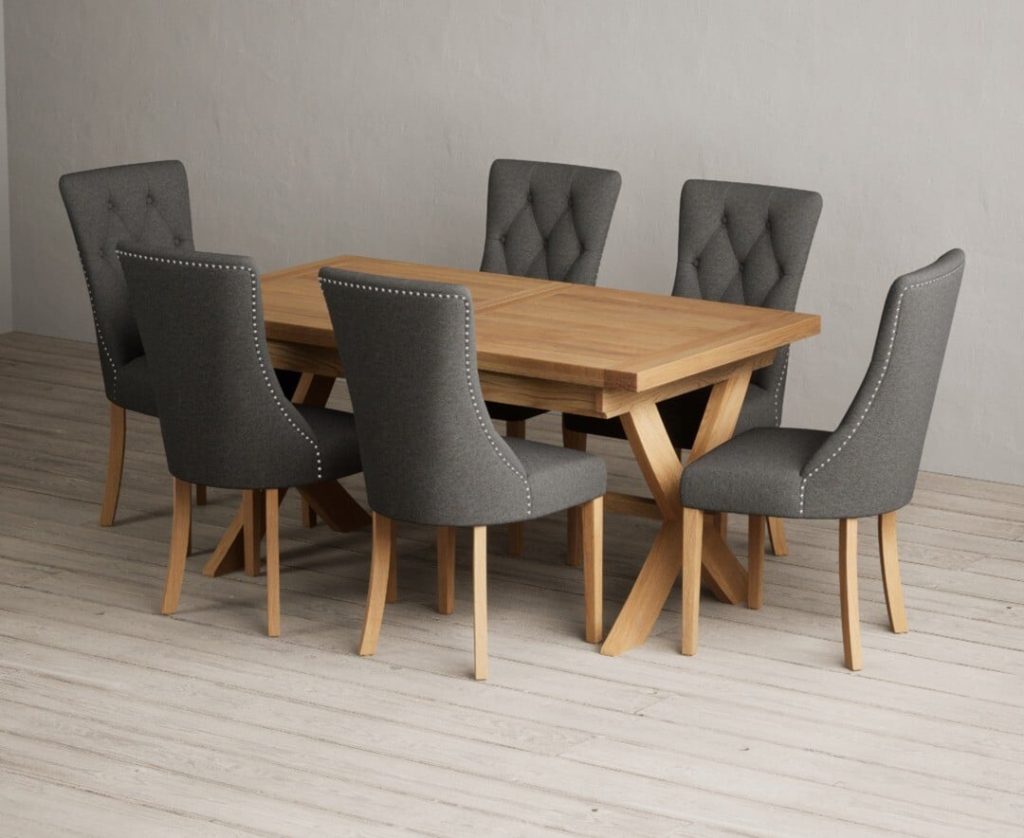 Extending Buckley 160cm Solid Oak Dining Table with 6 Grey Beatrix Chairs