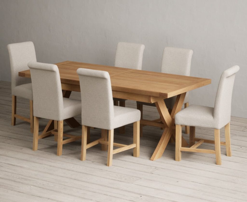 Extending Buckley 200cm Solid Oak Dining Table with 6 Brown Scroll Back Chairs | Bed Sava