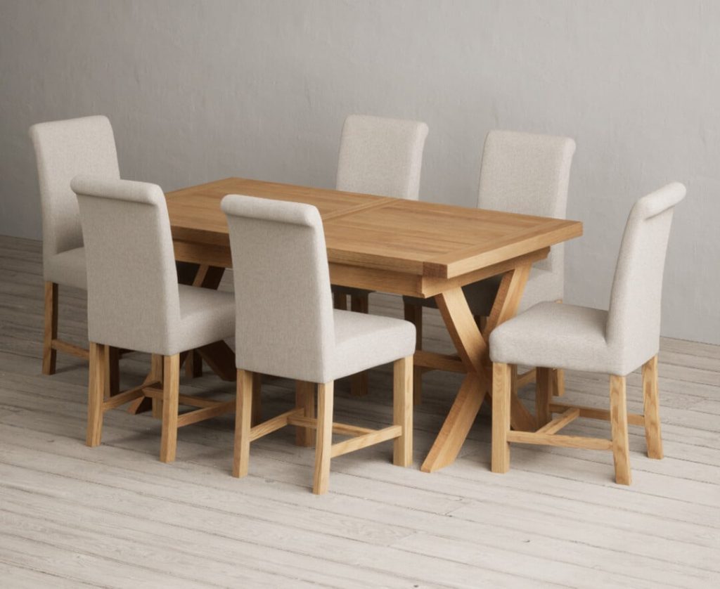 Extending Buckley 160cm Solid Oak Dining Table with 6 Natural Scroll Back Chairs