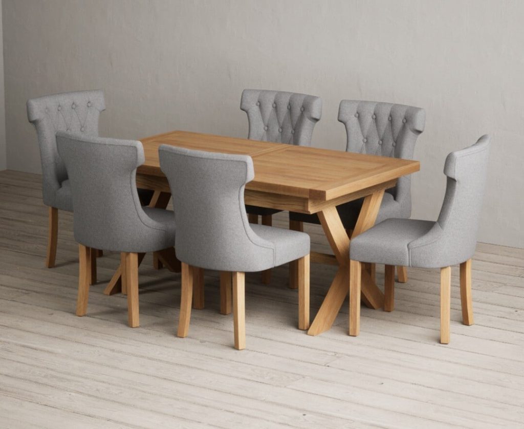 Extending Buckley 160cm Solid Oak Dining Table with 6 Grey Clara Chairs