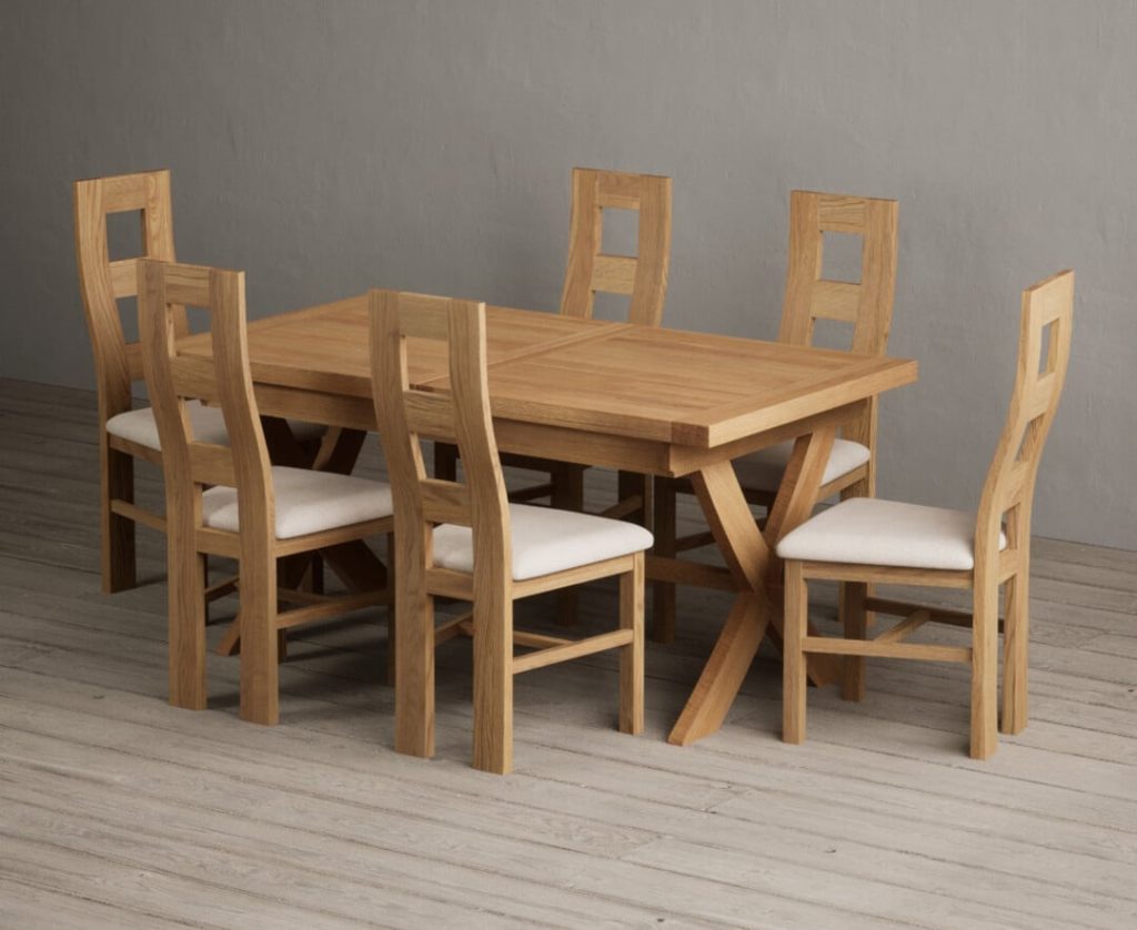 Extending Buckley 160cm Solid Oak Dining Table with 8 Blue Natural Chairs