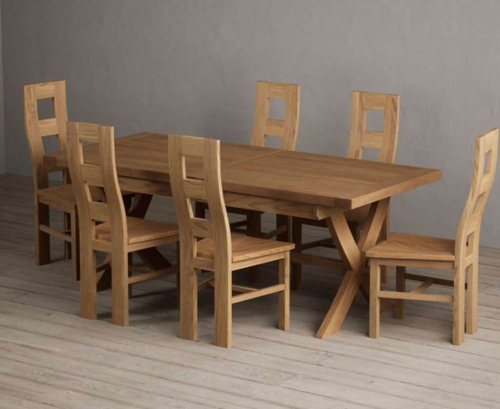 Extending Buckley 200cm Solid Oak Dining Table with 10 Light Grey Natural Chairs