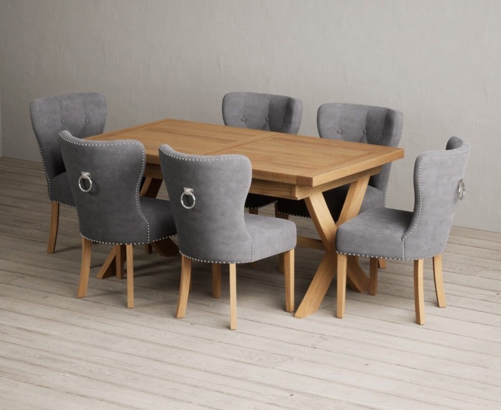 Extending Buckley 160cm Solid Oak Dining Table with 6 Grey Keswick Chairs