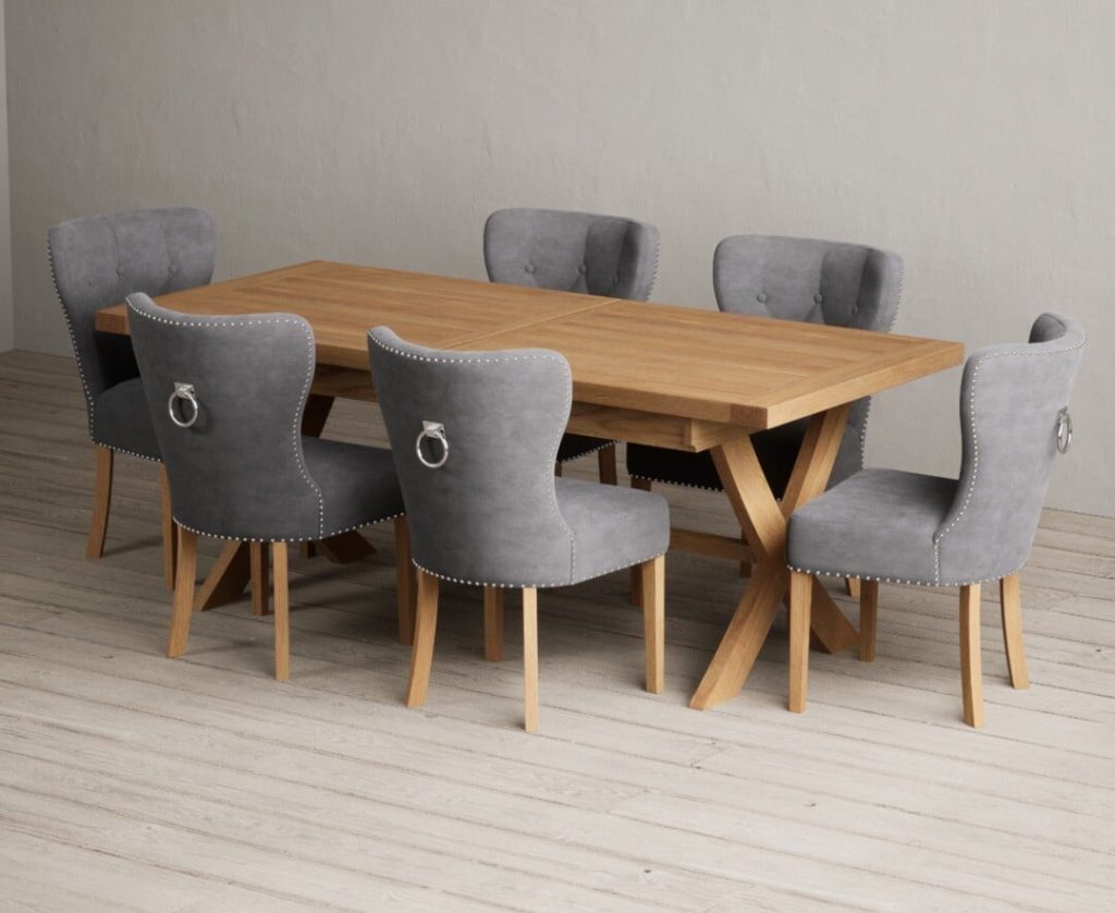 Extending Buckley 200cm Solid Oak Dining Table with 6 Grey Keswick Chairs | Bed Sava