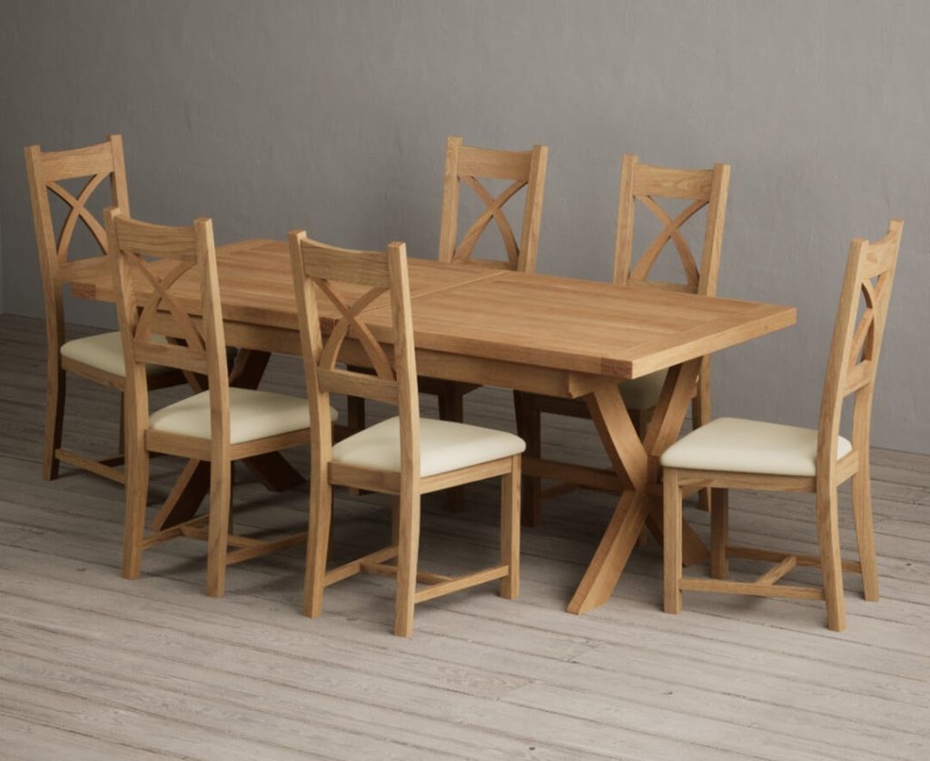 Extending Buckley 200cm Solid Oak Dining Table with 6 Cream Natural Solid Oak Chairs | Bed Sava