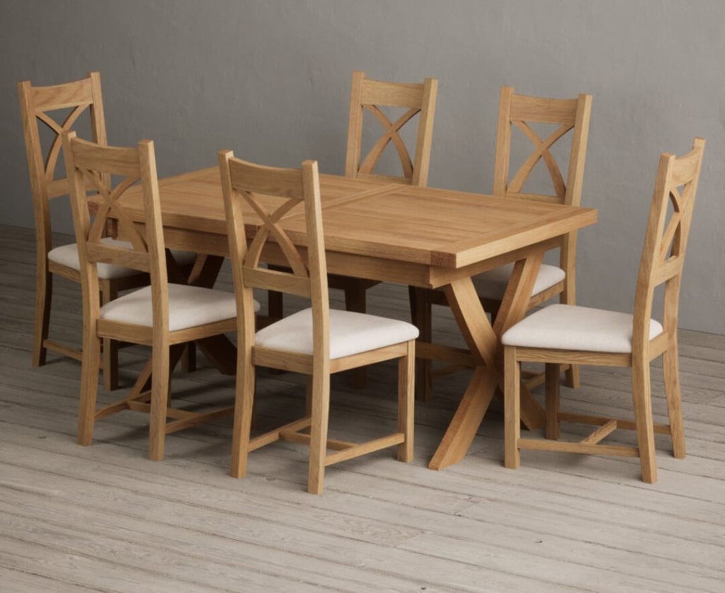 Extending Buckley 160cm Solid Oak Dining Table with 8 Blue Natural Solid Oak Chairs
