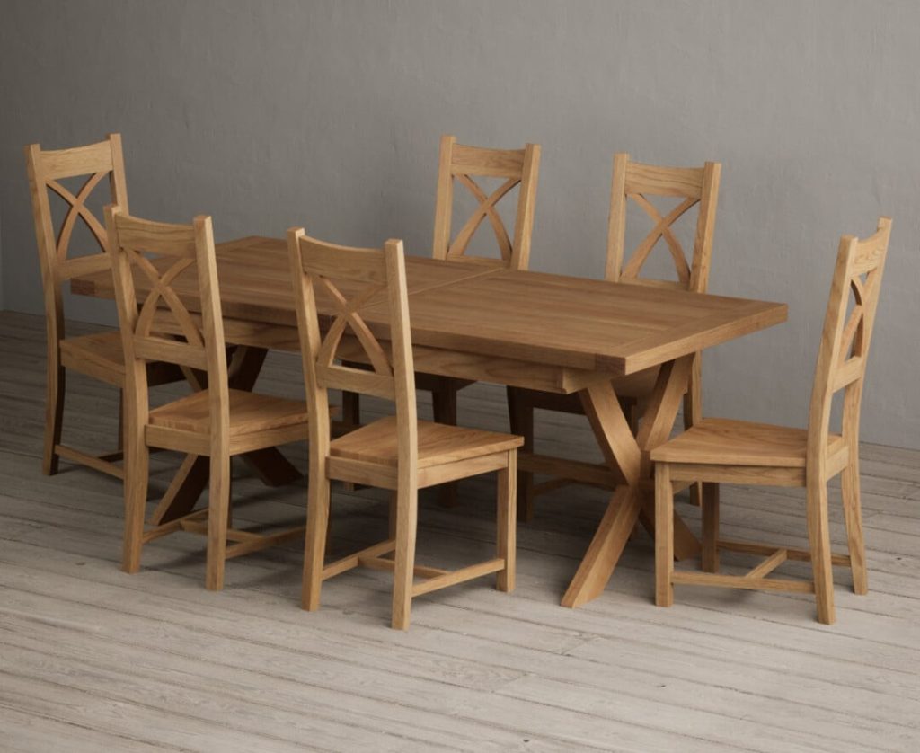 Extending Buckley 200cm Solid Oak Dining Table with 6 Blue Natural Solid Oak Chairs | Bed Sava