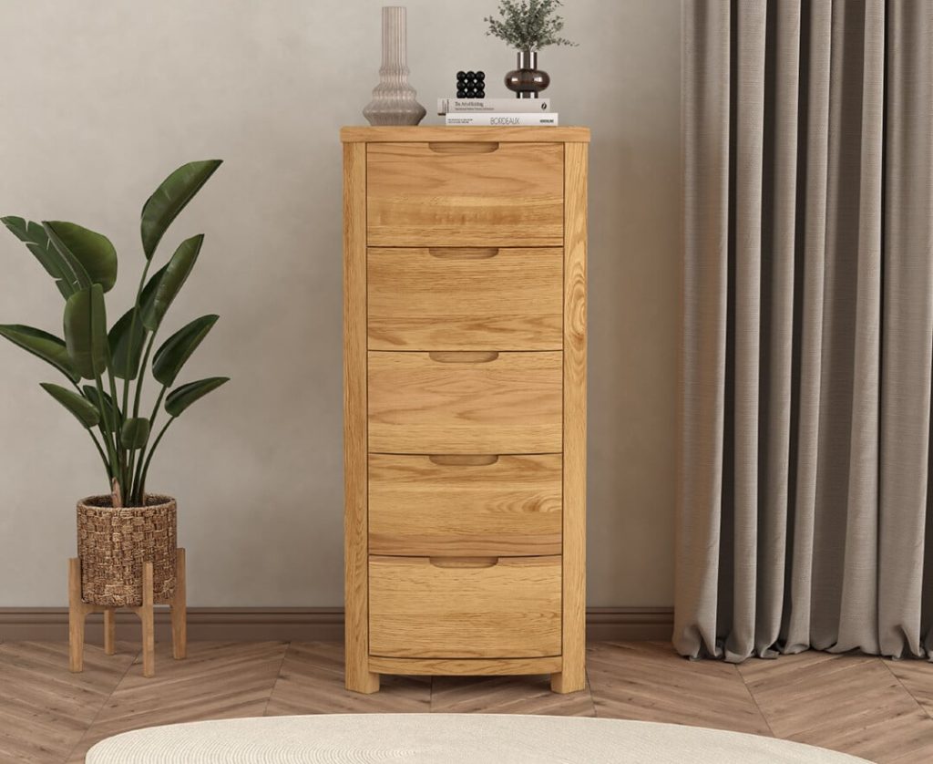Somerton Curved Solid Oak 5 Drawer Tallboy