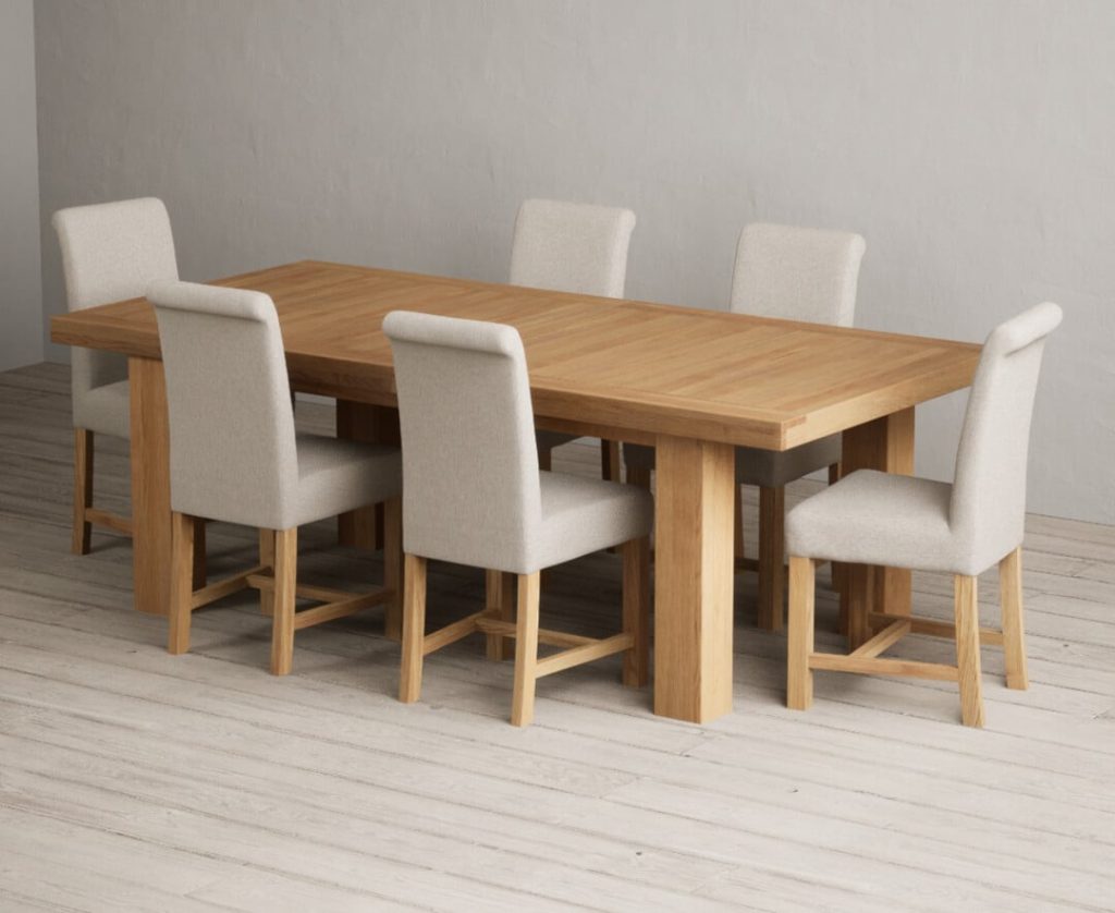 Extending Callington 230cm Oak Dining Table with 8 Grey Scroll Back Chairs