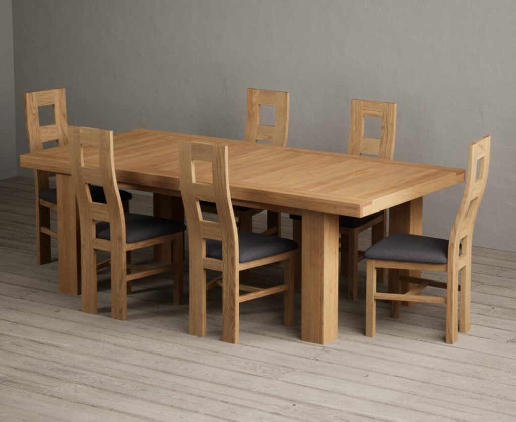 Extending Callington 230cm Oak Dining Table with 8 Light Grey Natural Chairs