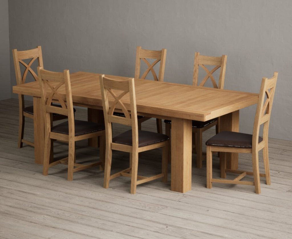 Extending Callington 230cm Oak Dining Table with 8 Linen Natural Solid Oak Chairs