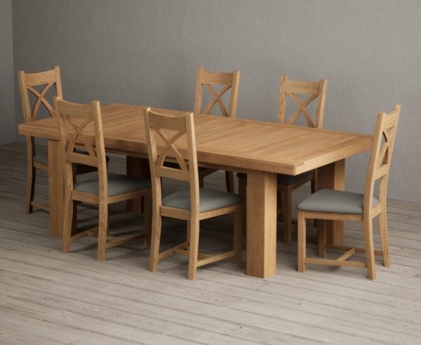 Extending Callington 230cm Oak Dining Table with 10 Grey Natural Solid Oak Chairs | Bed Sava