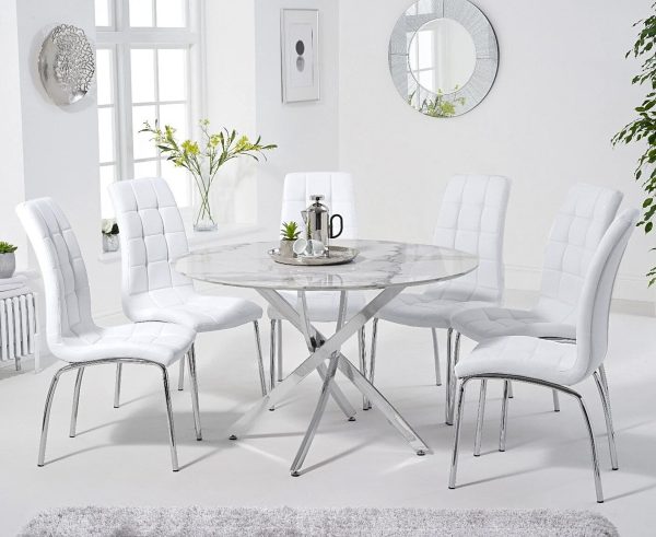 Comiso 120cm Round White Marble Dining Table with 6 Red Enzo Chairs | Bed Sava