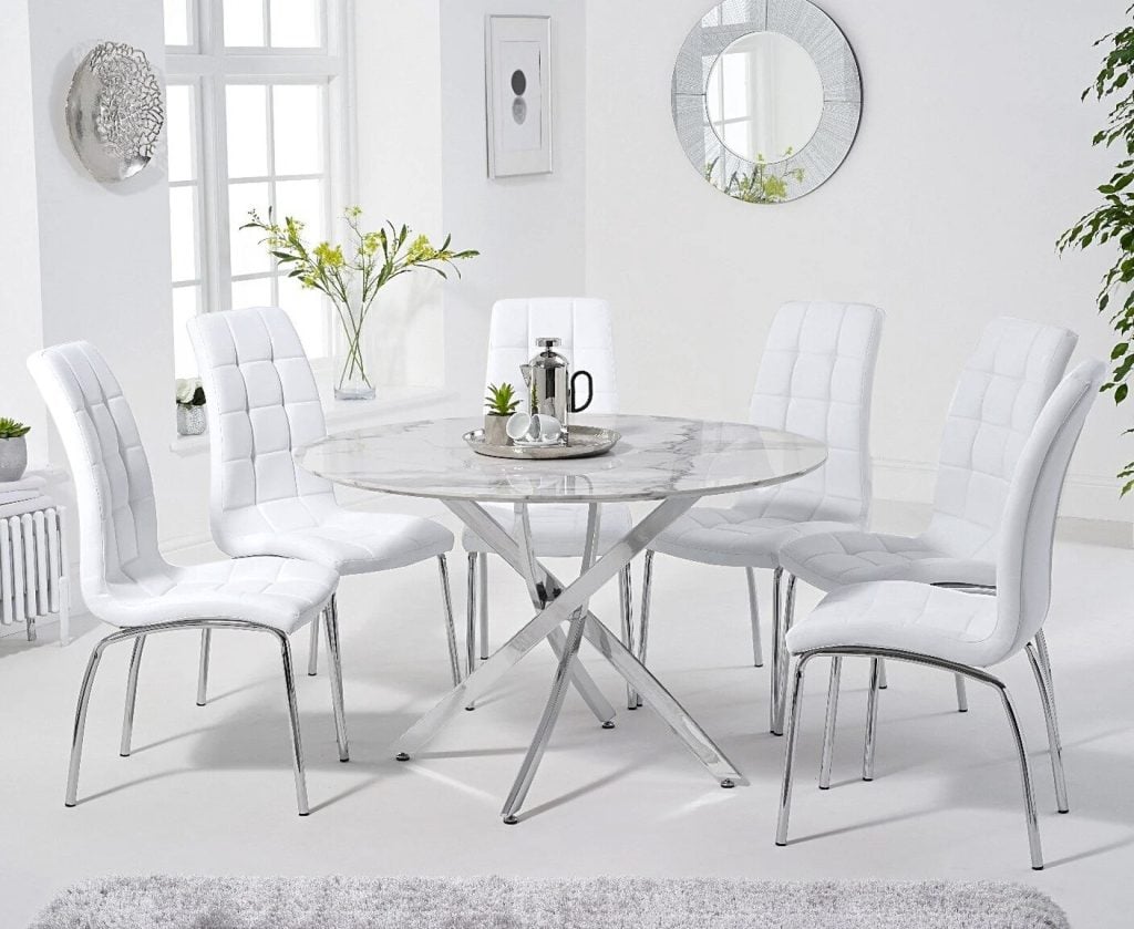 Comiso 120cm Round White Marble Dining Table with 4 Cream Enzo Chairs