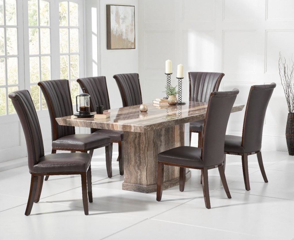 Carvelle 200cm Brown Pedestal Marble Dining Table with 12 Cream Lorient Chairs