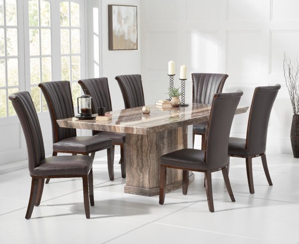 Carvelle 200cm Brown Pedestal Marble Dining Table with 12 Brown Lorient Chairs | Bed Sava