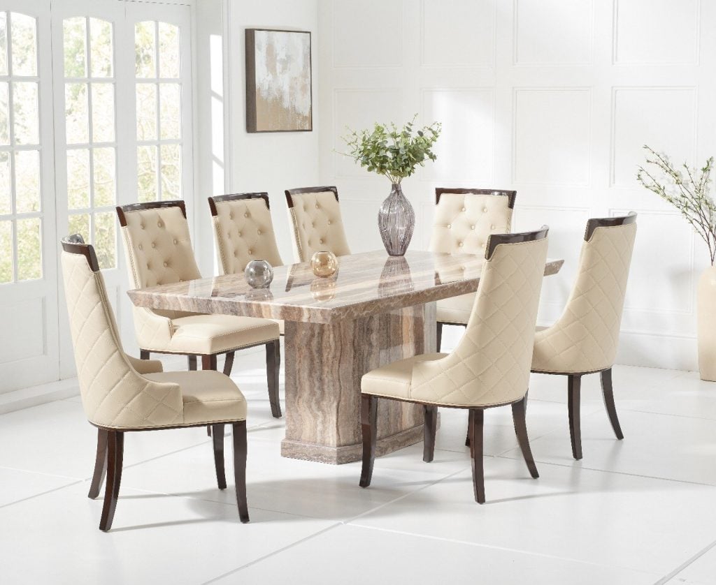 Carvelle 200cm Brown Pedestal Marble Dining Table with 10 Cream Francesca Chairs