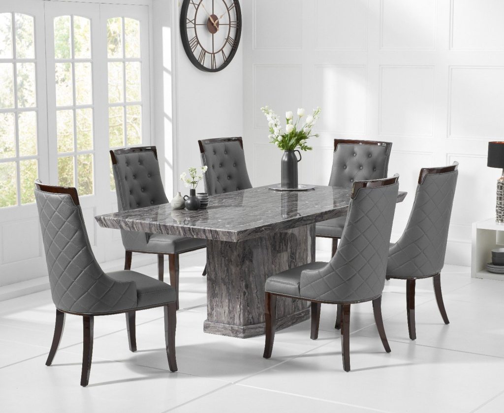 Carvelle 160cm Grey Pedestal Marble Dining Table with 6 Cream Francesca Chairs