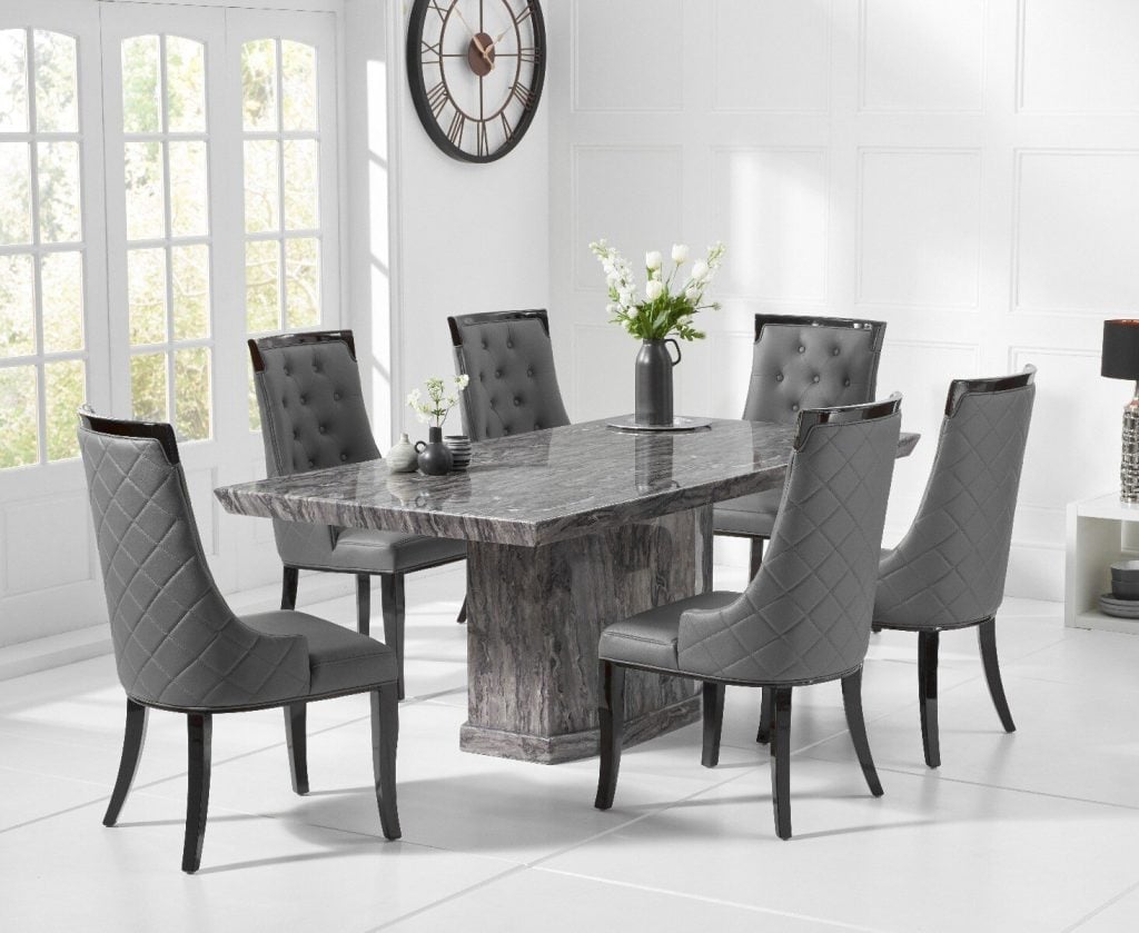 Carvelle 200cm Grey Pedestal Marble Dining Table with 8 Grey Francesca Chairs