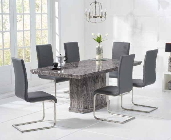 Carvelle 160cm Grey Pedestal Marble Dining Table with 8 White Austin Chairs | Bed Sava