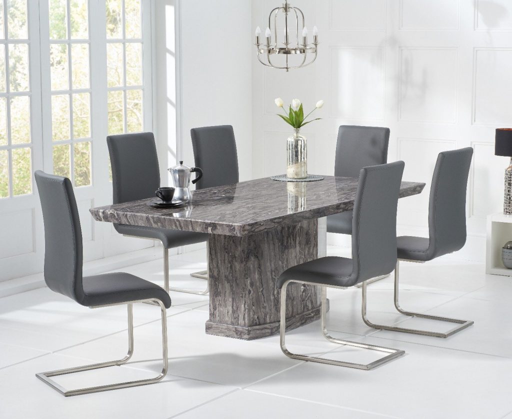 Carvelle 160cm Grey Pedestal Marble Dining Table with 6 Grey Austin Chairs
