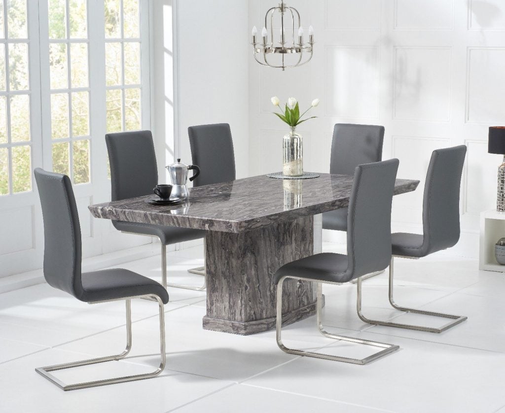Carvelle 160cm Grey Pedestal Marble Dining Table with 8 Grey Austin Chairs
