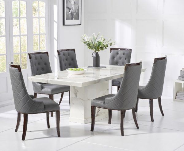 Carvelle 200cm White Pedestal Marble Dining Table with 12 Cream Francesca Chairs | Bed Sava