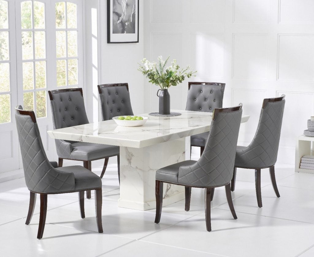 Carvelle 200cm White Pedestal Marble Dining Table with 8 Cream Francesca Chairs