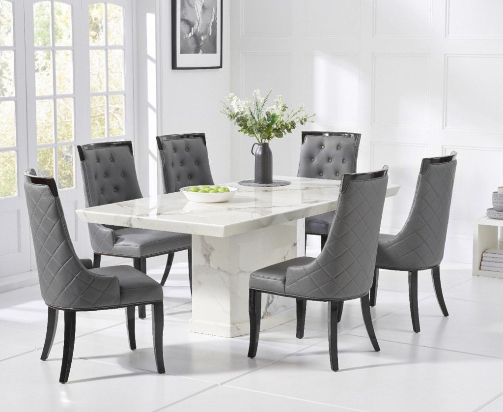 Carvelle 160cm White Pedestal Marble Dining Table with 4 Cream Francesca Chairs