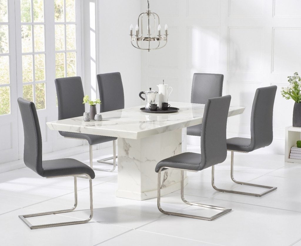 Carvelle 160cm White Pedestal Marble Dining Table with 4 White Austin Chairs
