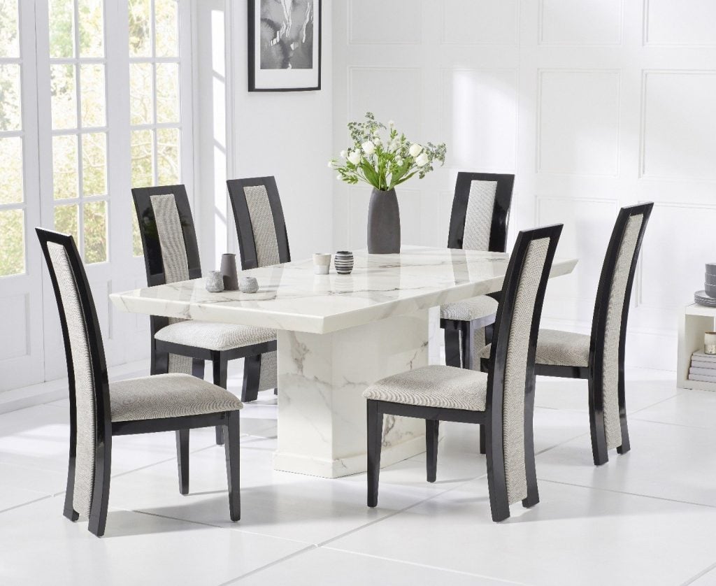 Carvelle 160cm White Pedestal Marble Dining Table with 4 Brown Novara Chairs